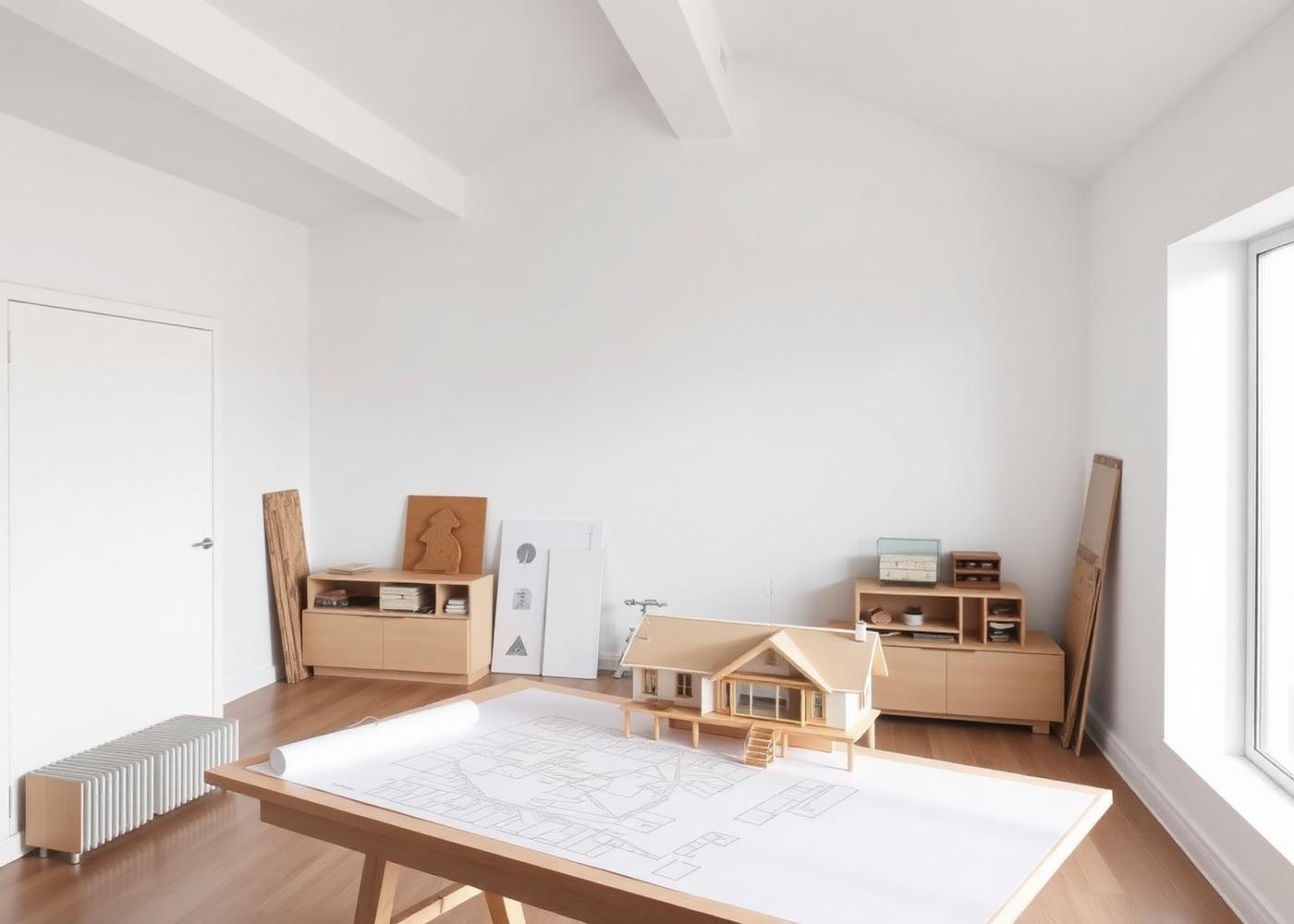 Tegnestuen med arbejdstegninger og en arkitektmodel